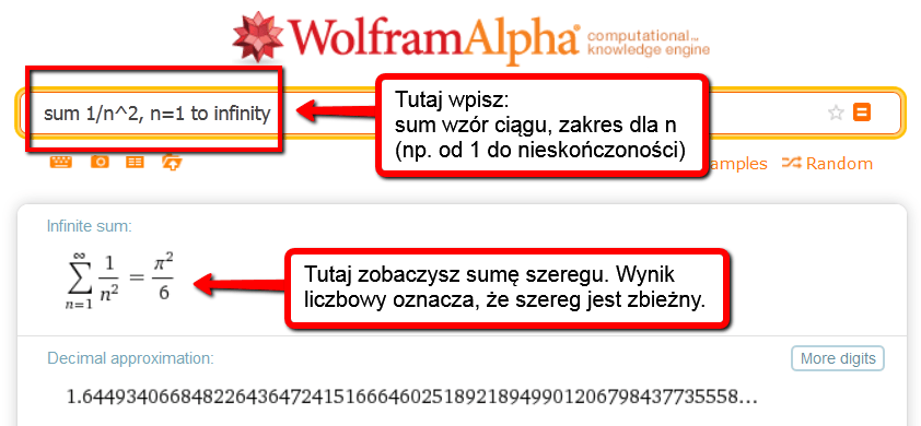 suma szeregu 1/n^2 w wolframalpha