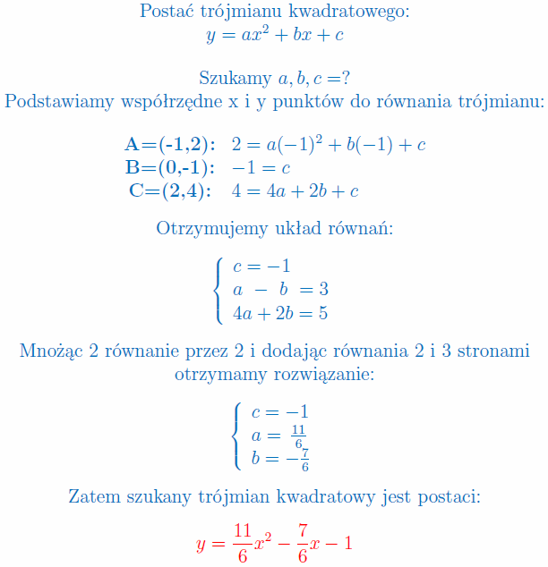 Wyznacz trójmian kwadratowy przechodzący przez punkty, zadanie 1 - rozwiązanie